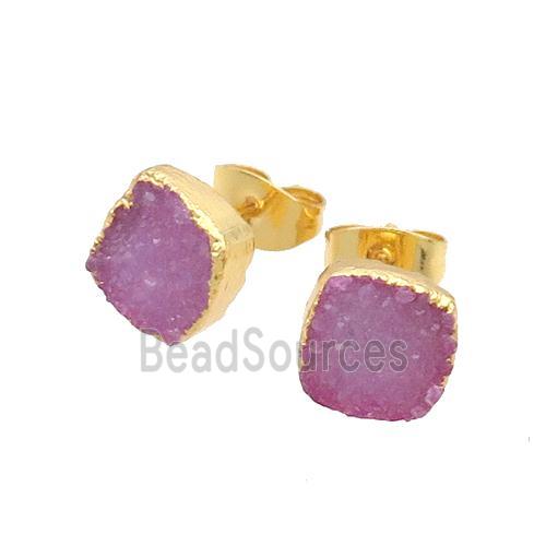 Pink Agate Druzy Stud Earring Square Dye Gold Plated