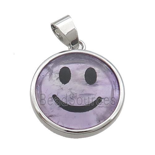 Purple Amethyst Emoji Pendant Smileface Circle Platinum Plated