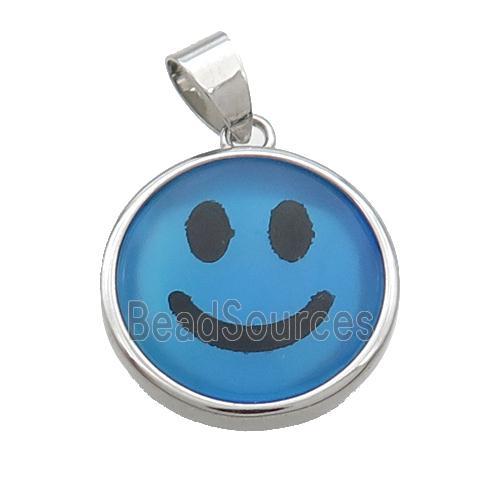 Blue Dye Agate Emoji Pendant Smileface Circle Platinum Plated