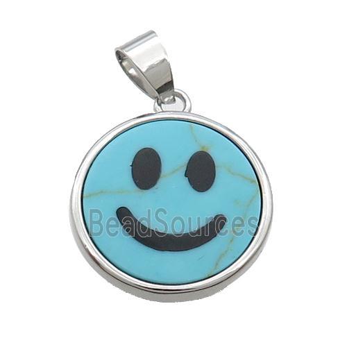 Blue Dye Turquoise Emoji Pendant Smileface Circle Platinum Plated