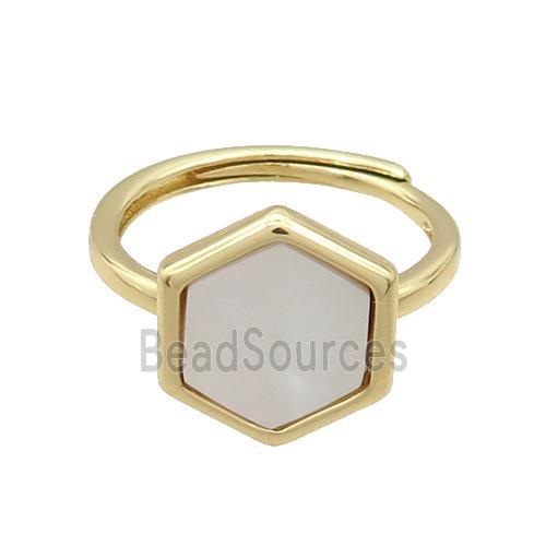 Copper Ring Pave White Pearlized Shell Hexagon Adjustable Gold Plated