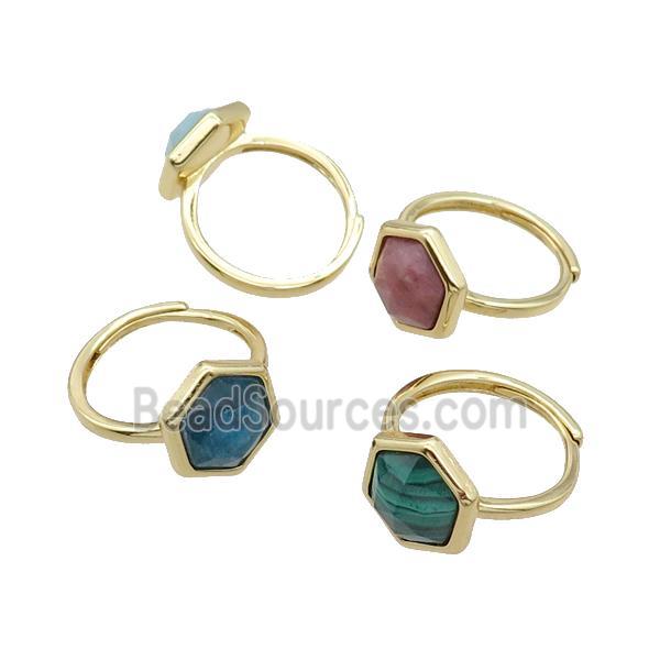 Mixed Gemstone Copper Ring Hexagon Adjustable Gold Plated