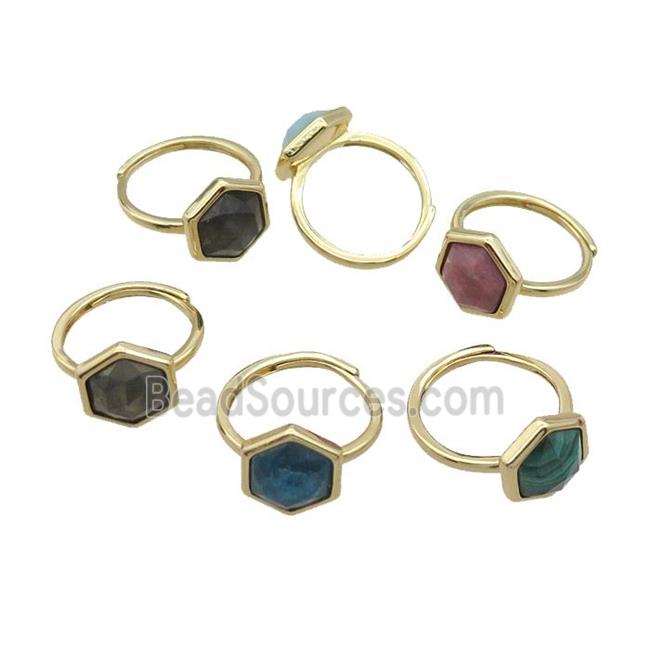 Mixed Gemstone Copper Ring Hexagon Adjustable Gold Plated