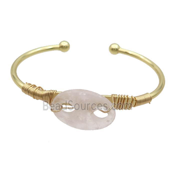 Copper Bangle With Rose Quartz Wire Wrapped Gold Plated