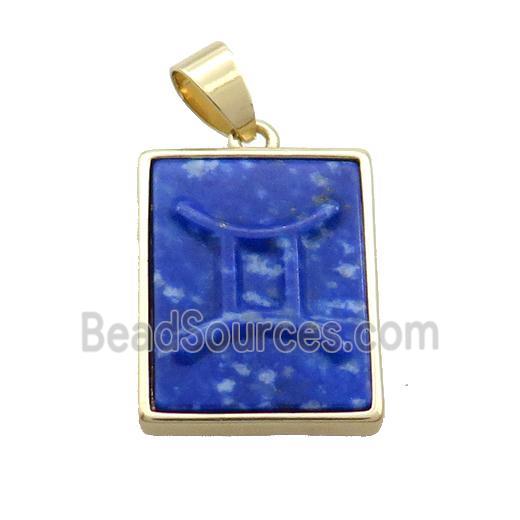 Natural Blue Lapis Lazuli Pendant Zodiac Gemini Rectangle Gold Plated