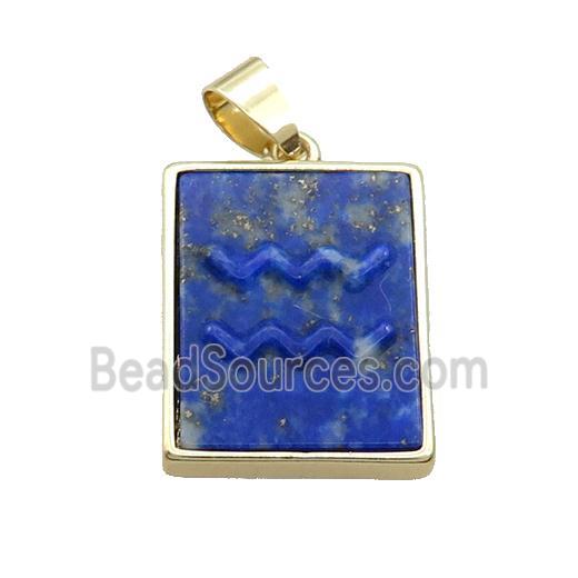 Natural Lapis Lazuli Pendant Zodiac Aquarius Blue Rectangle Gold Plated