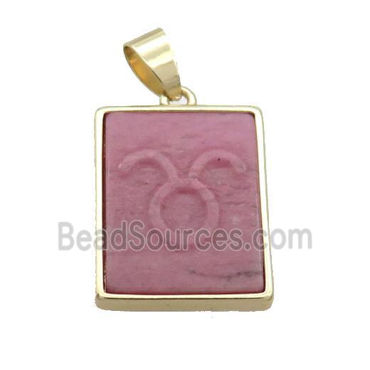 Natural Pink Wood Lace Jasper Pendant Zodiac Aries Rectangle Gold Plated