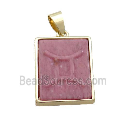 Natural Pink Wood Lace Jasper Pendant Zodiac Pisces Rectangle Gold Plated