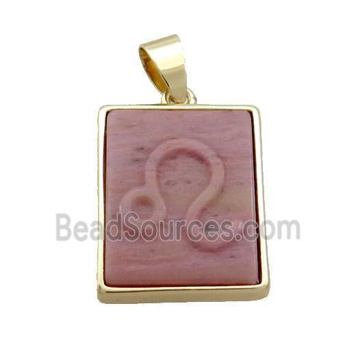 Natural Pink Wood Lace Jasper Pendant Zodiac Taurus Rectangle Gold Plated