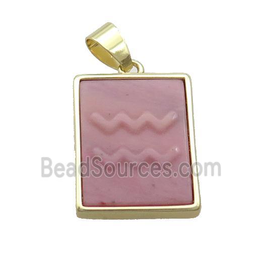 Natural Pink Wood Lace Jasper Pendant Zodiac Aquarius Rectangle Gold Plated