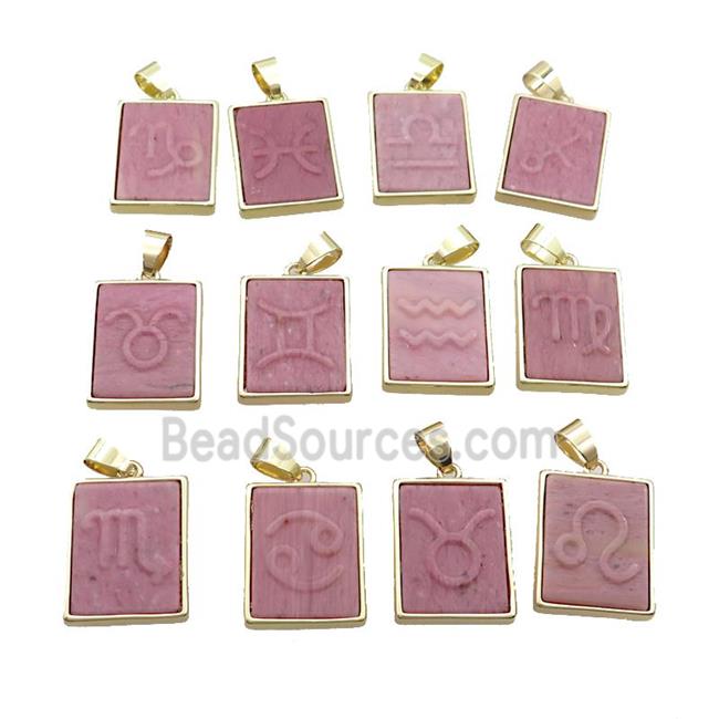 Natural Pink Wood Lace Jasper Pendant Zodiac Mixed Rectangle Gold Plated