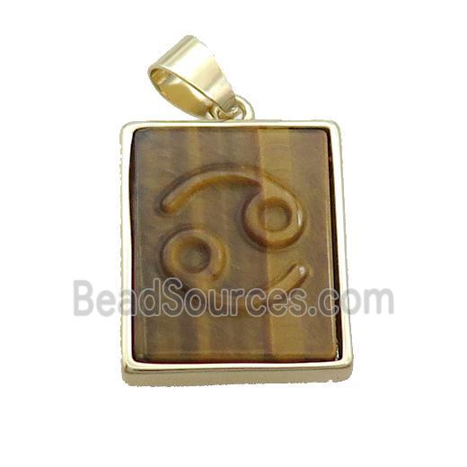 Natural Tiger Eye Stone Pendant Zodiac Cancer Rectangle Gold Plated