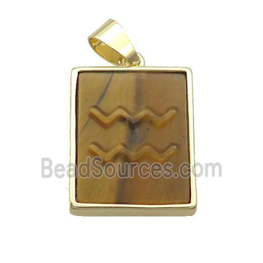 Natural Tiger Eye Stone Pendant Zodiac Aquarius Rectangle Gold Plated