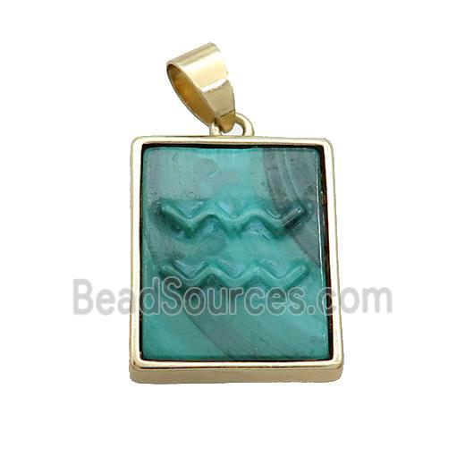 Natural Malachite Pendant Zodiac Aquarius Green Rectangle Gold Plated