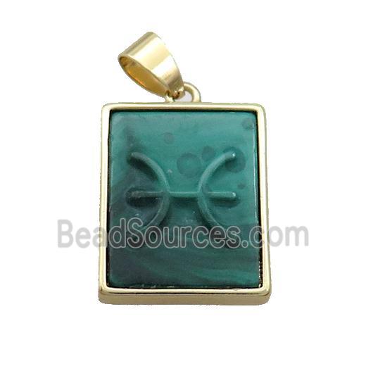 Natural Malachite Pendant Zodiac Pisces Green Rectangle Gold Plated