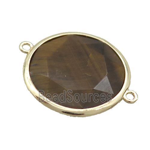 Natural Tiger Eye Stone Circle Connector Faceted Gold Plated