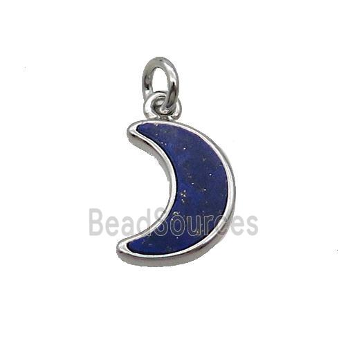 Copper Moon Pendant Pave Blue Lapis Platinum Plated