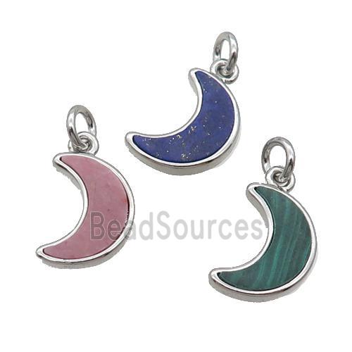 Copper Moon Pendant Pave Gemstone Platinum Plated Mixed