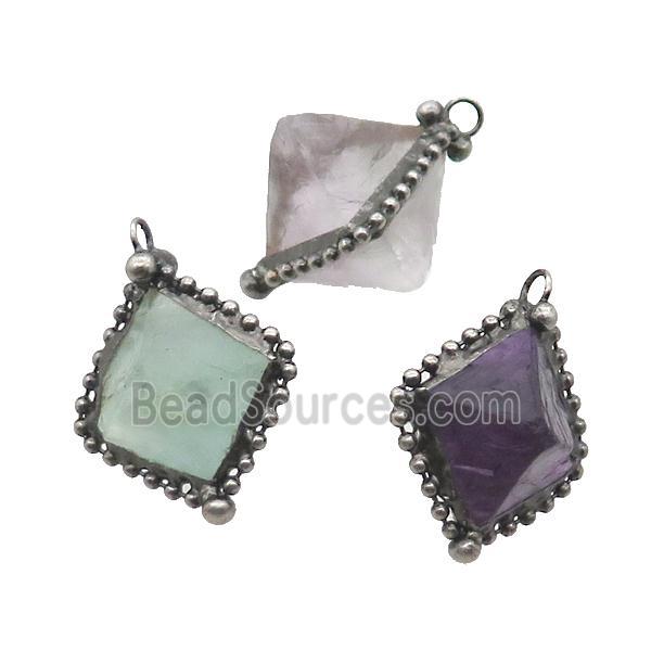 Fluorite Pendant Freeform Mix Color Antique Silver