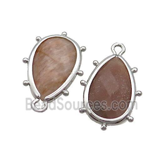 Peach Sunstone Teardrop Pendant Platinum Plated