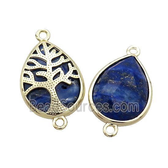 Natural Blue Lapis Lazuli Teardrop Connector Tree Of Life Gold Plated