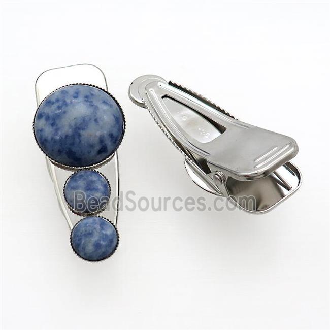 Copper Hair Clips Pave Blue Dalmatian Jasper Platinum Plated