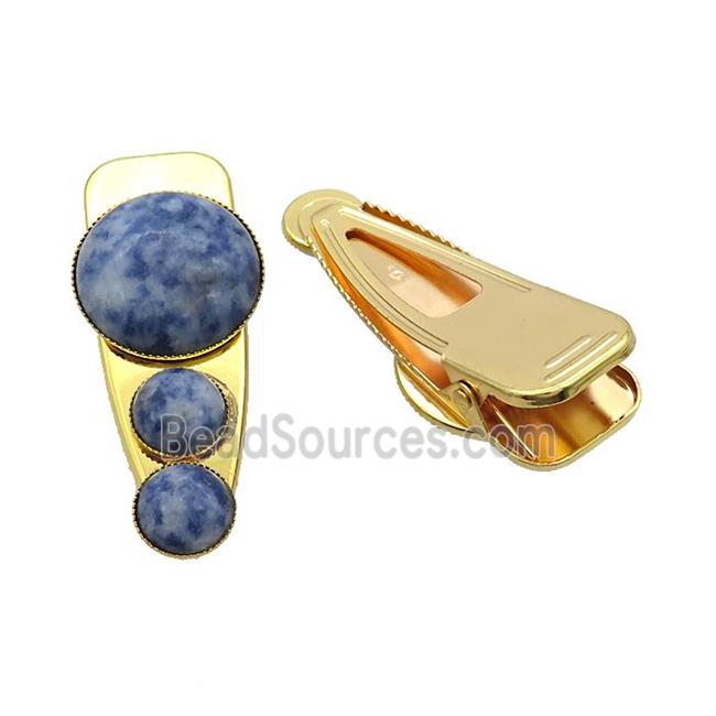 Copper Hair Clips Pave Blue Dalmatian Jasper Gold Plated