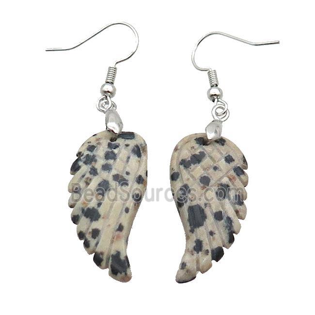 Natural Black Dalmatian Jasper Angel Wings Hook Earring