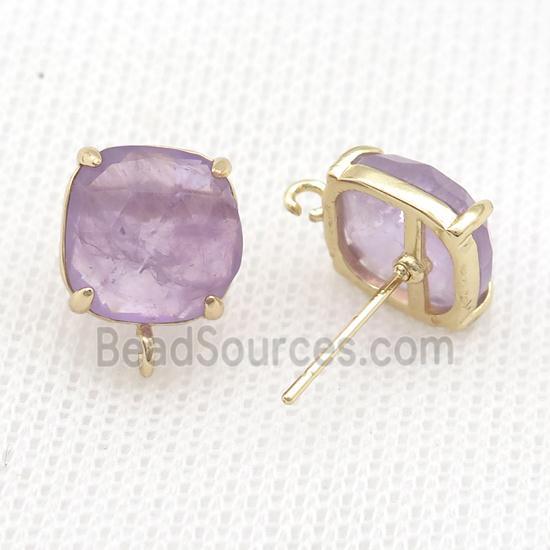 Copper Stud Earring Pave Purple Amethyst Square Gold Plated