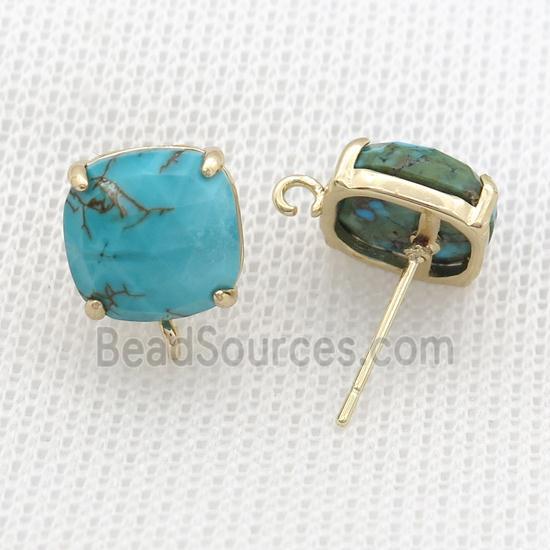 Copper Stud Earring Pave Green Turquoise Dye Square Gold Plated