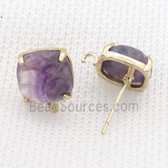 Copper Stud Earring Pave Purple Fluorite Square Gold Plated