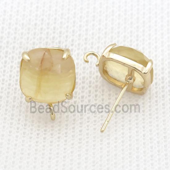 Copper Stud Earring Pave Yellow Citrine Square Gold Plated