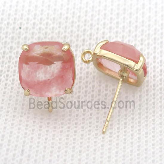 Copper Stud Earring Pave Pink Synthetic Quartz Square Gold Plated