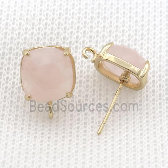 Copper Stud Earring Pave Rose Quartz Pink Square Gold Plated