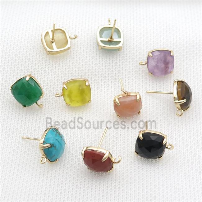 Copper Stud Earring Pave Gemstone Square Gold Plated Mixed