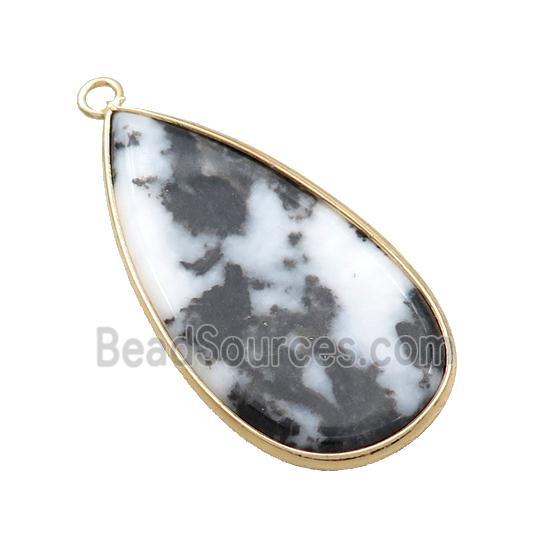 Black White Zebra Jasper Teardrop Pendant Gold Plated