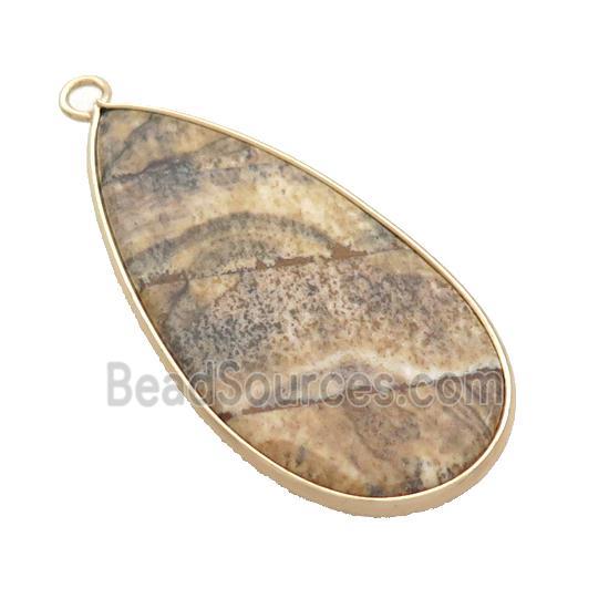 Picture Jasper Teardrop Pendant Gold Plated