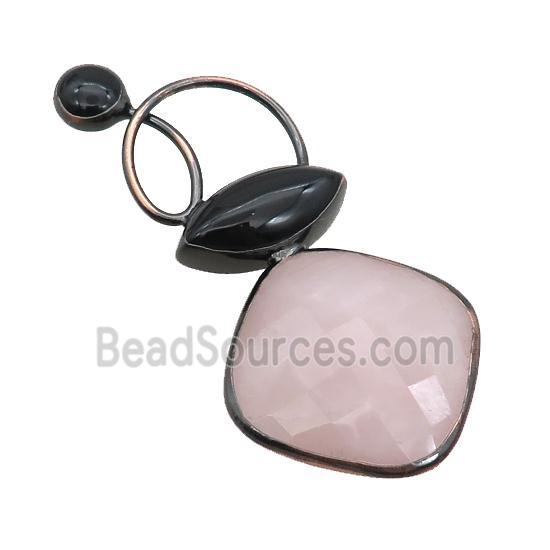 Pink Rose Quartz Square Pendant With Black Onyx Eye Antique Red