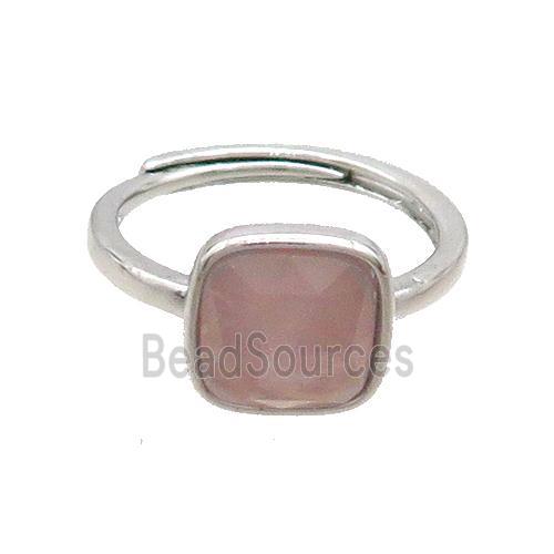 Copper Ring Pave Pink Rose Quartz Square Adjustable Platinum Plated