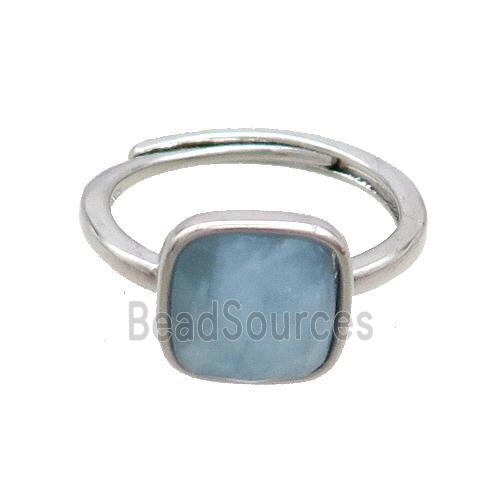 Copper Ring Pave Blue Aquamarine Square Adjustable Platinum Plated