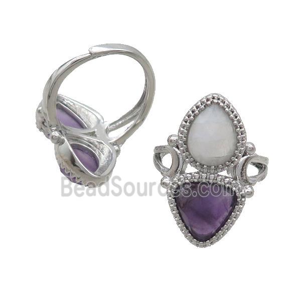 Copper Ring Pave Amethyst Clear Quartz Adjustable Platinum Plated