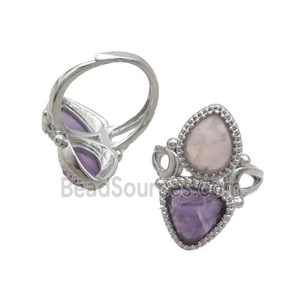 Copper Ring Pave Amethyst Rose Quartz Adjustable Platinum Plated