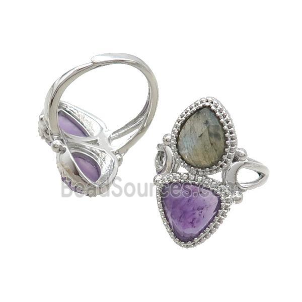 Copper Ring Pave Amethyst Labradorite Adjustable Platinum Plated