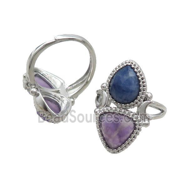 Copper Ring Pave Amethyst Blue Aventurine Adjustable Platinum Plated