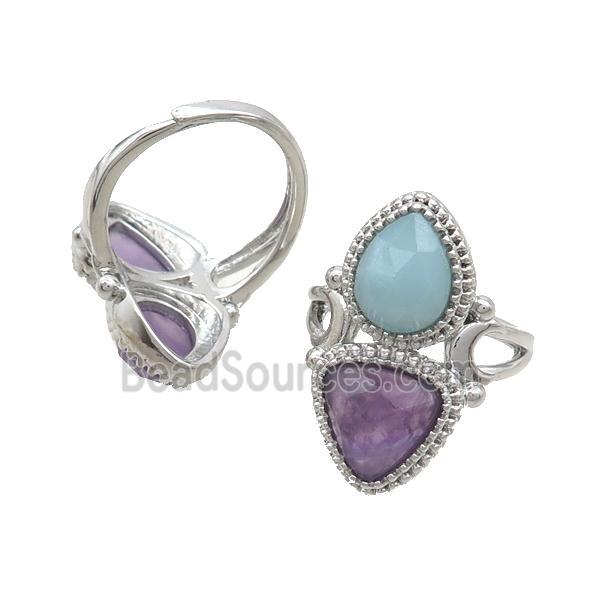 Copper Ring Pave Amethyst Amazonite Adjustable Platinum Plated