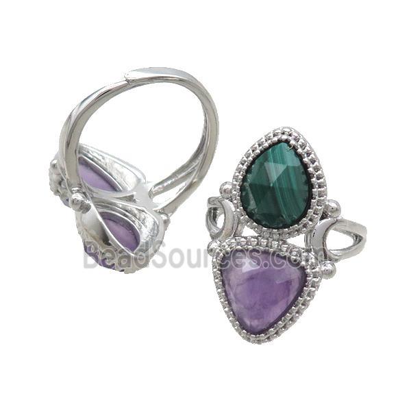 Copper Ring Pave Amethyst Malachite Adjustable Platinum Plated