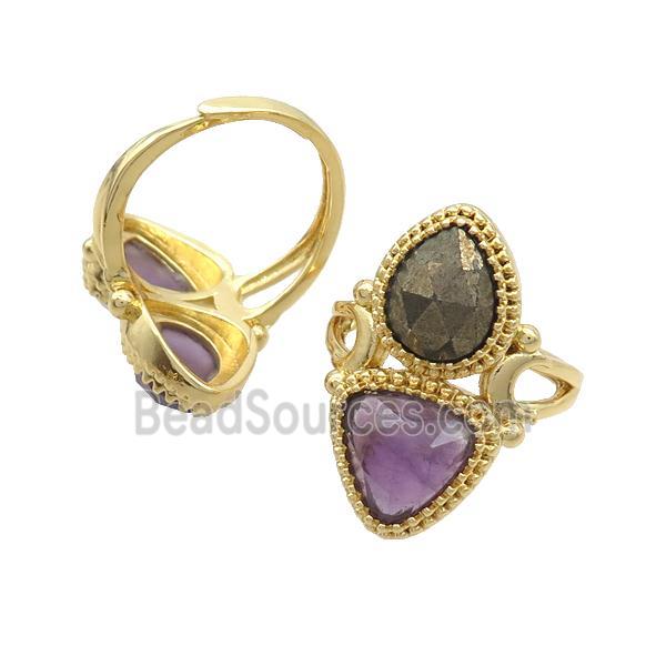 Copper Ring Pave Amethyst Pyrite Adjustable Gold Plated