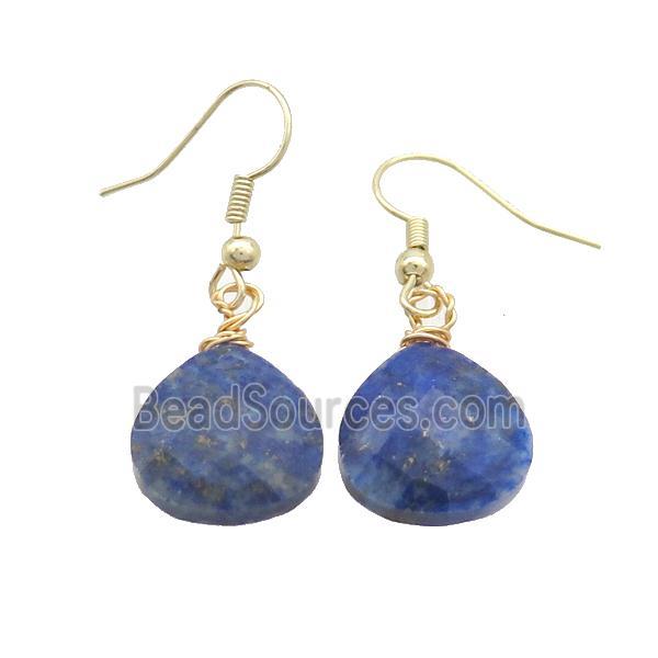 Natural Blue Lapis Lazuli Copper Hook Earrings Teardrop Gold Plated