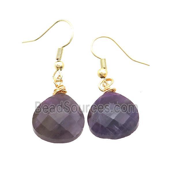 Natural Purple Amethyst Copper Hook Earrings Teardrop Gold Plated