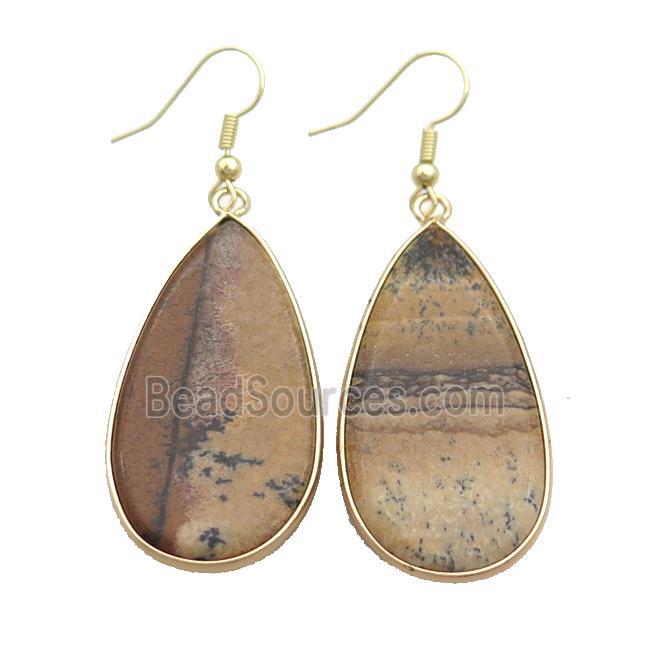 Picture Jasper Copper Hook Earrings Teardrop Gold Plated